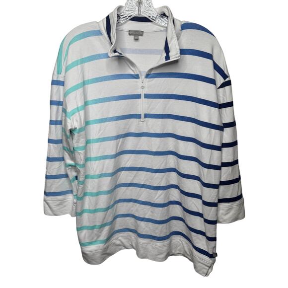 T by Talbots Striped Quarter Zip Pullover Sweatshirt XL Blue Green White Casual - Picture 1 of 10